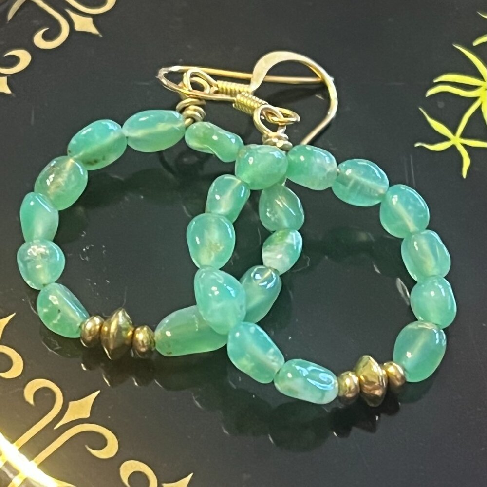 Gemstone Beaded Hoop Earrings | Chrysoprase Green Dangle Earrings - Picture 6 of 7